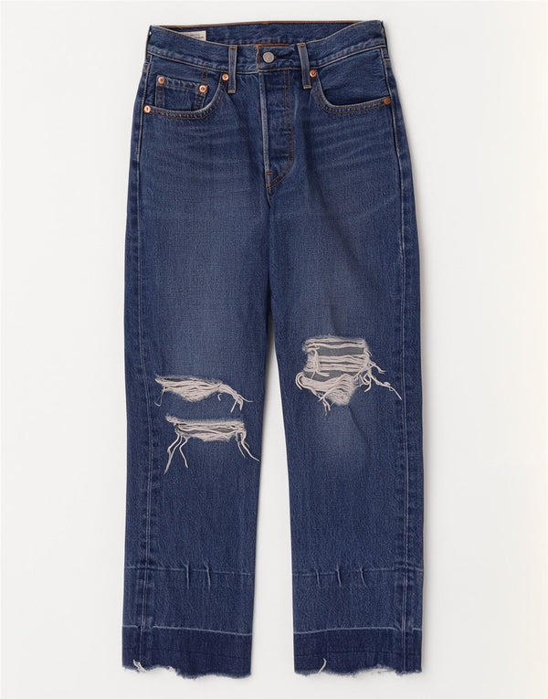 Levi's Womens 501 Distressed Straight Jeans W25 L26 Navy Blue Cotton