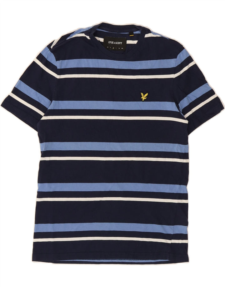 LYLE & SCOTT Mens T-Shirt Top Medium Navy Blue Striped Cotton Vintage Lyle & Scott and Second-Hand Lyle & Scott from Messina Hembry 