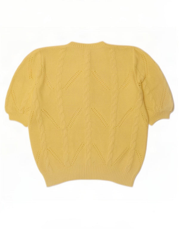 Vintage Dame Kortærmet Button Neck Jumper Sweater UK 18 XL Gul
