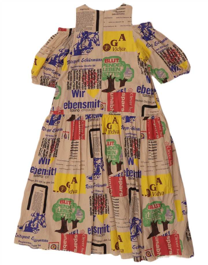 Vintage Womens Graphic Off Shoulder Dress UK 14 Medium Beige