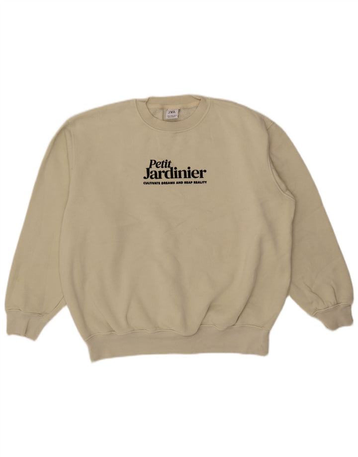 Zara Mens Graphic Loose Fit Sweatshirt Jumper Medium Beige Cotton