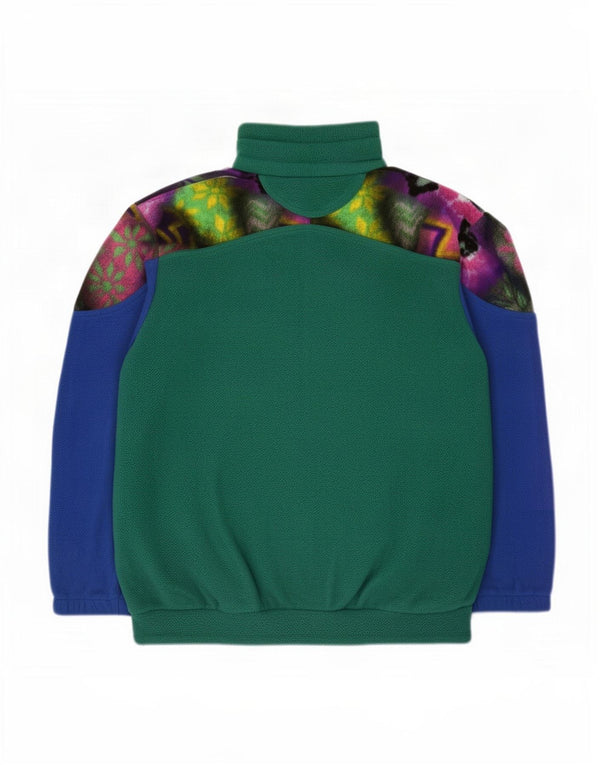 Vintage Mens Button Neck Fleece Jumper Medium Green Colourblock Polyester