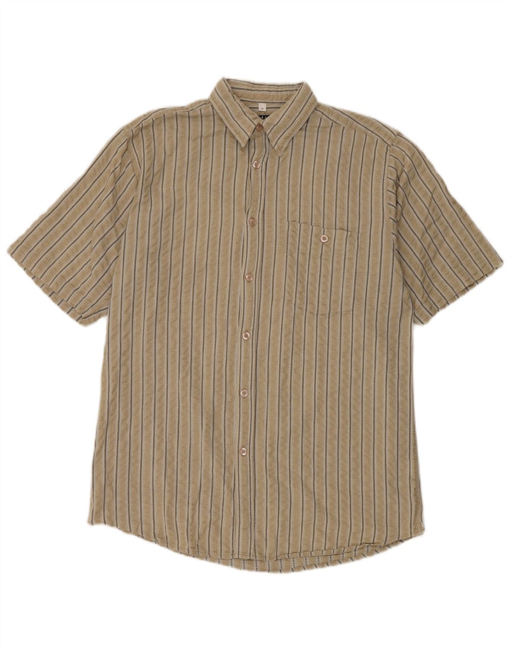 Angelo Litrico Mens Short Sleeve Shirt Medium Beige Striped Cotton