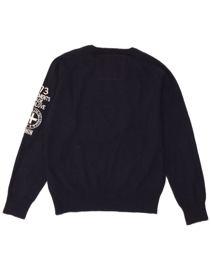 Męski sweter Zu Elements z graficznym dekoltem w kształcie litery V XL, granatowy, z geometrycznej wełny