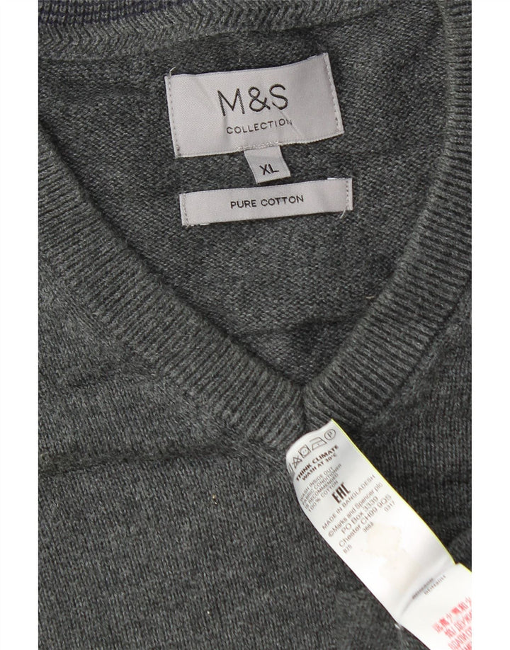 Marks & Spencer Mens V-Neck Jumper Sweater XL Grey Cotton