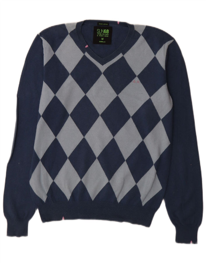 Sun68 Herre V-hals sweater Medium Blue Argyle/Diamond Bomuld