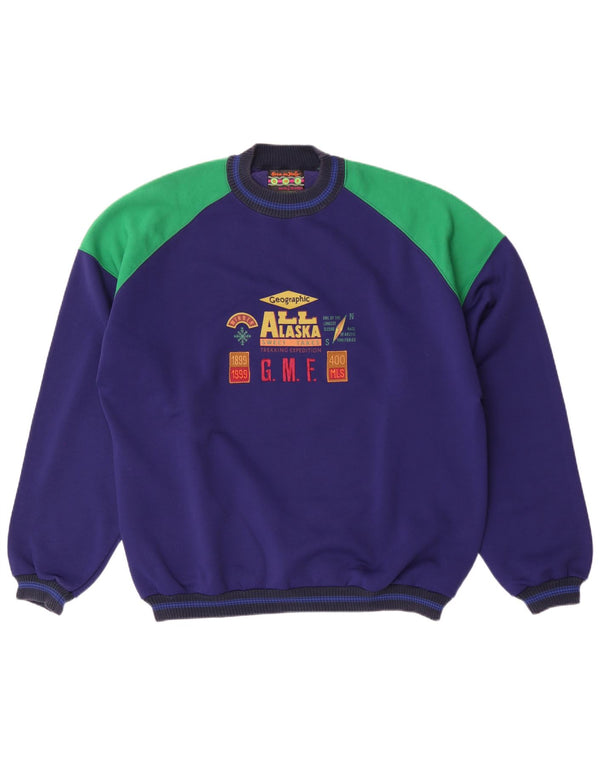 vintage Mens Graphic Sweatshirt Jumper XL Bleu Marine Colourblock Coton
