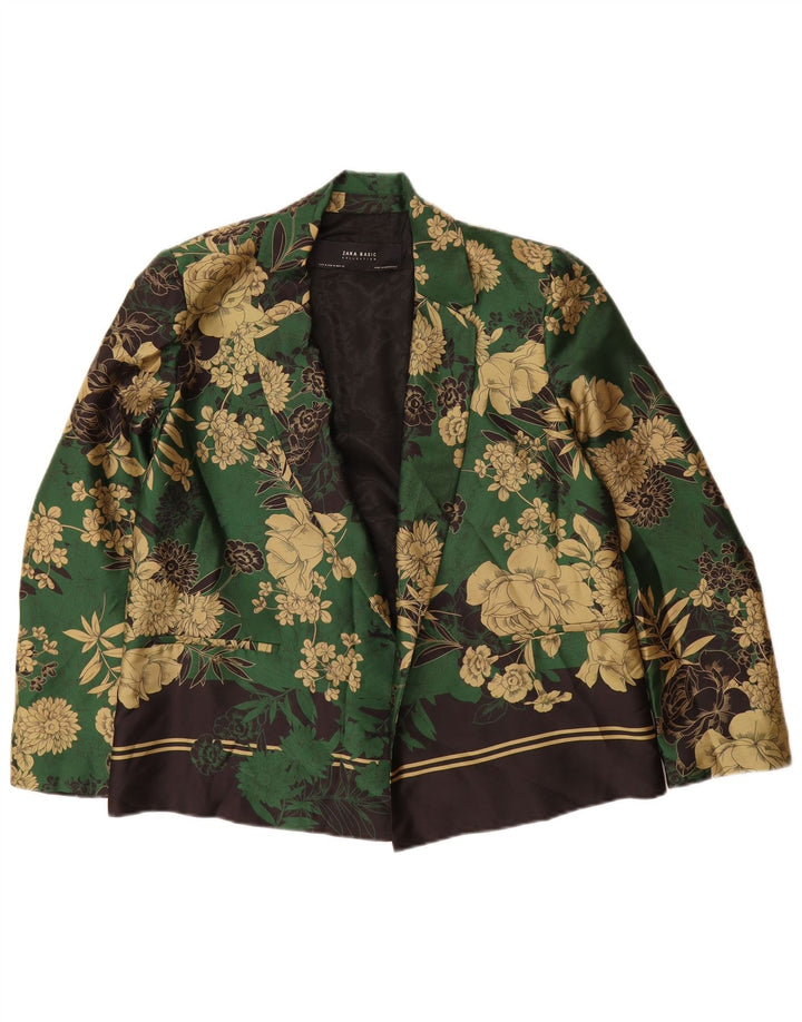 Offene Blazer-Jacke für Damen von Zara, UK 14, mittelgrünes, geblümtes Polyester
