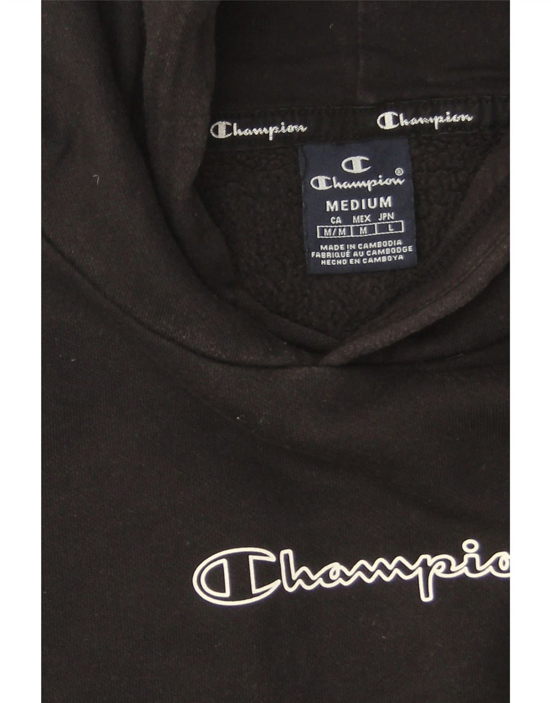 CHAMPION Mens Graphic Hoodie Jumper Medium Black Cotton Vintage Champion and Second-Hand Champion from Messina Hembry 