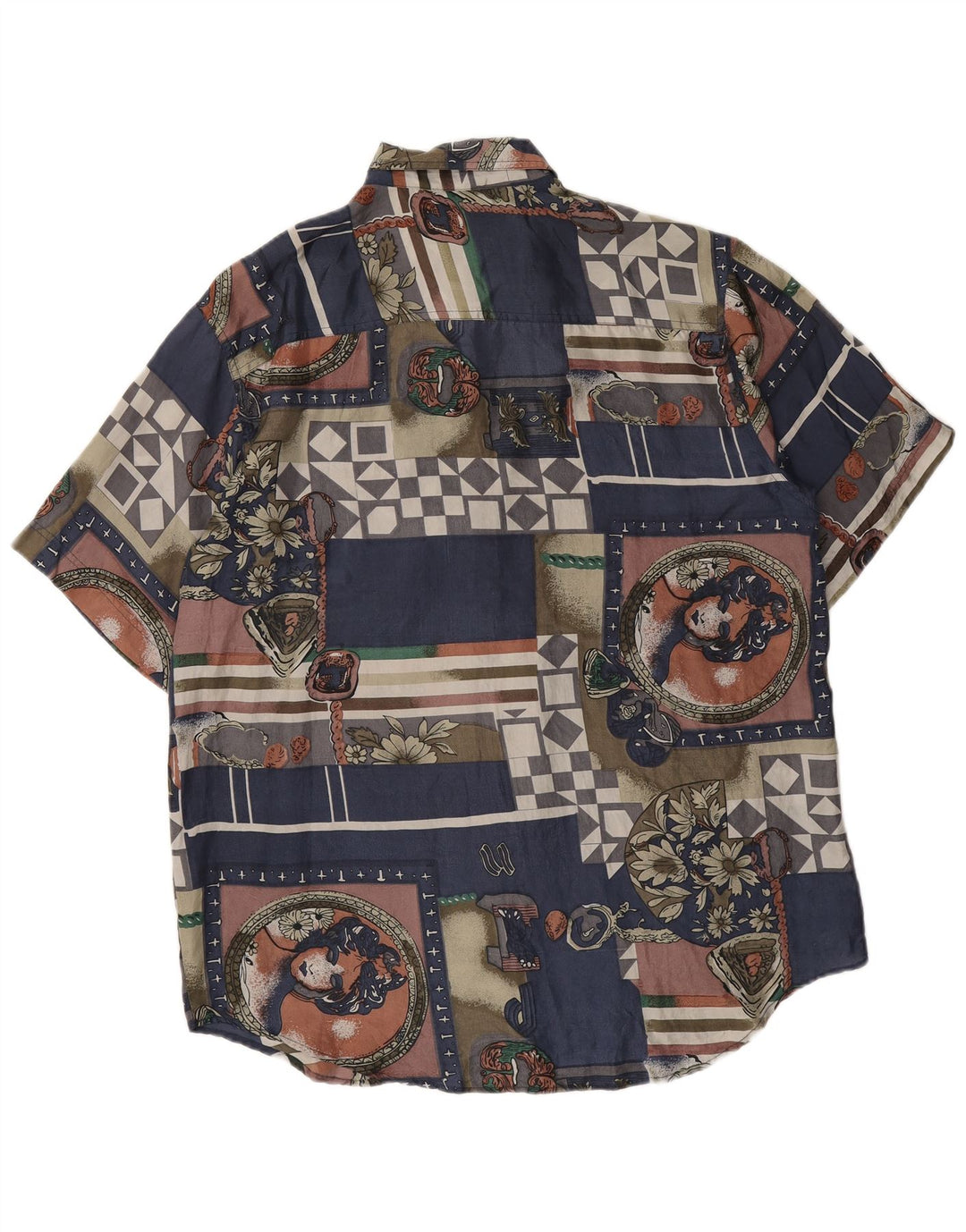 Camisa masculina vintage abstrata padrão manga curta seda azul marinho médio