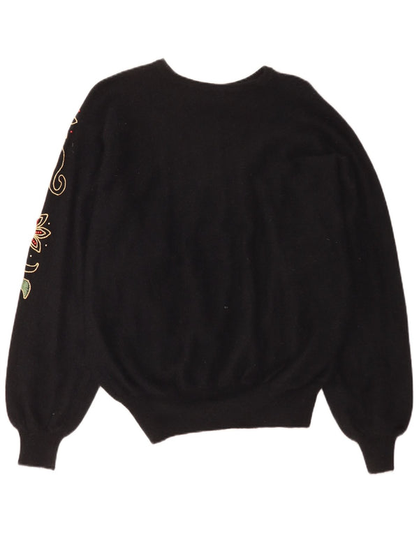 Maglione maglione girocollo a pipistrello da donna vintage UK 18 XL nero floreale