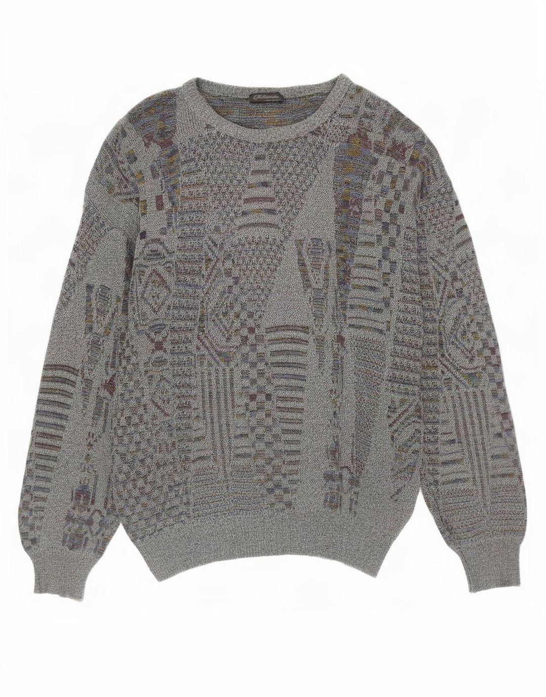 vintage Mens Crew Neck Jumper Pull Petit Gris Géométrique