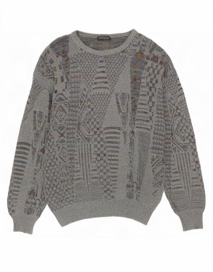 vintage Mens Crew Neck Jumper Pull Petit Gris Géométrique