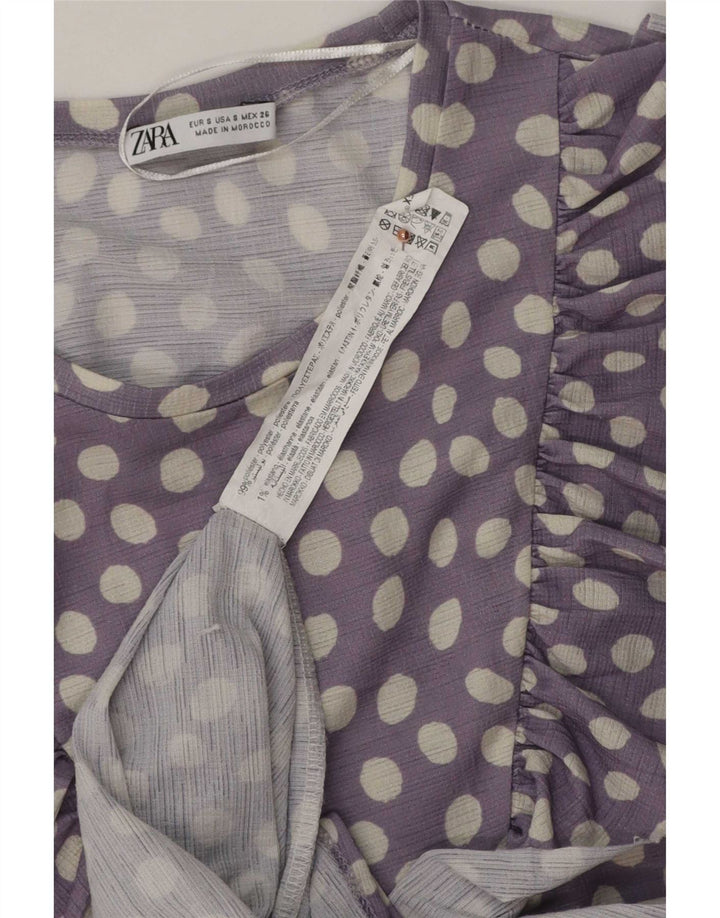 Zara Dame Oversized Ruffle Front Maxi Dress UK 10 Small Purple Spotted