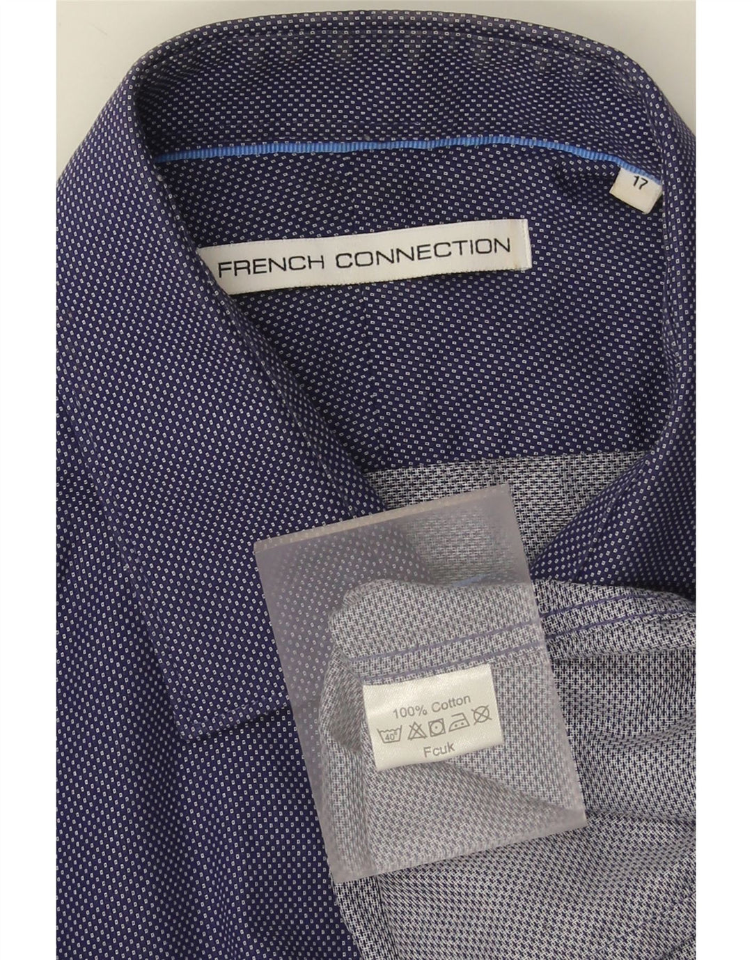 French Connection Mens Shirt Size 17 XL Navy Blue Spotted Cotton