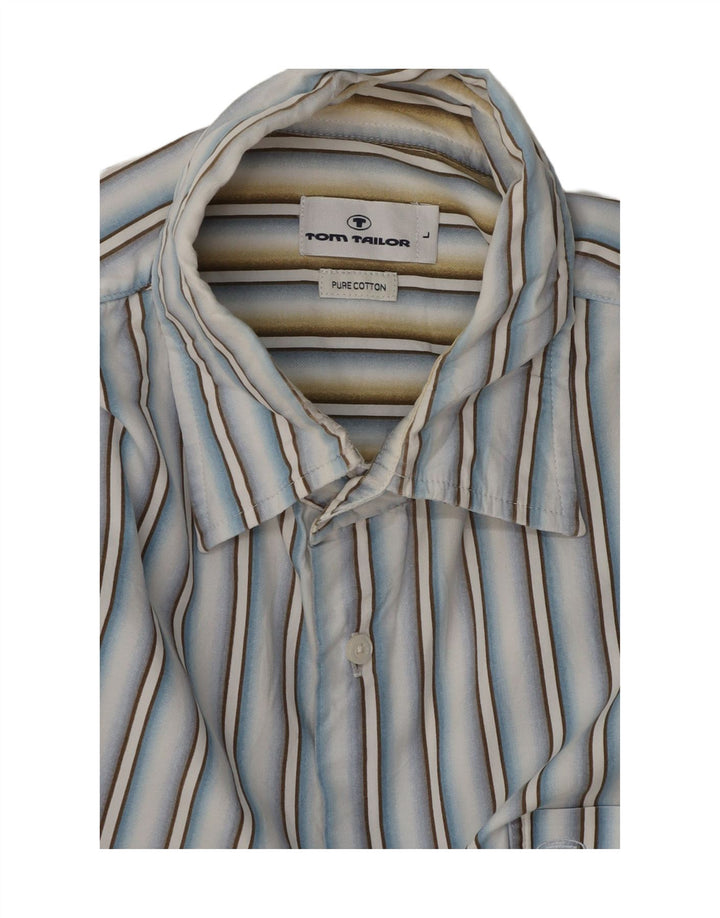 TOM TAILOR Mens Shirt Large Blue Striped Cotton