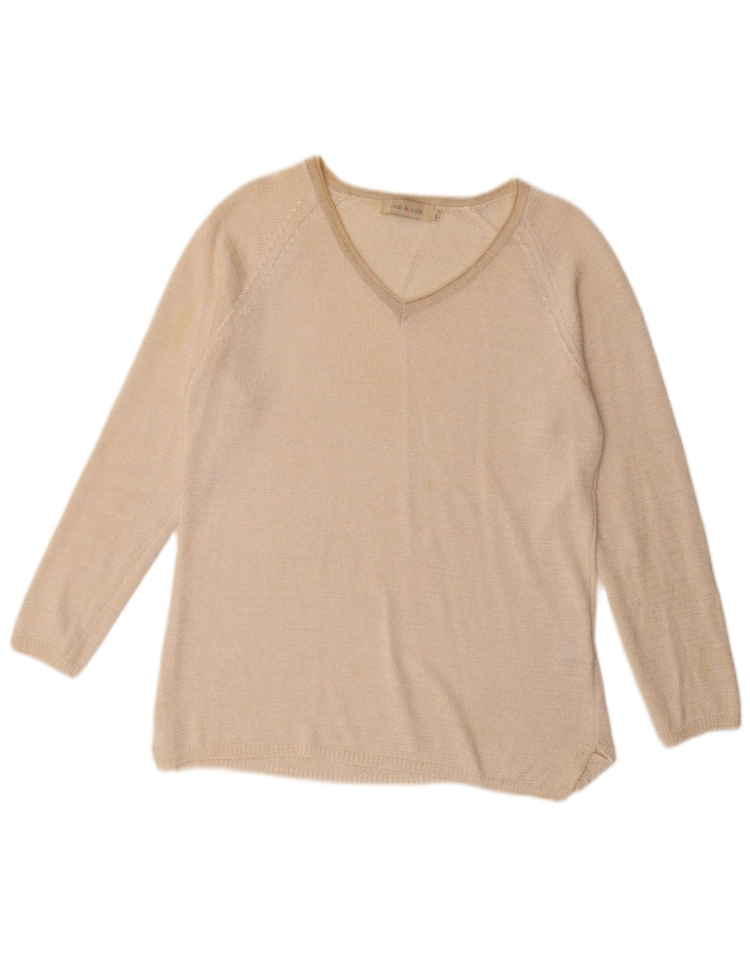 vintage Femme V-Col Jumper Pull UK 16 Grand Beige Polyester