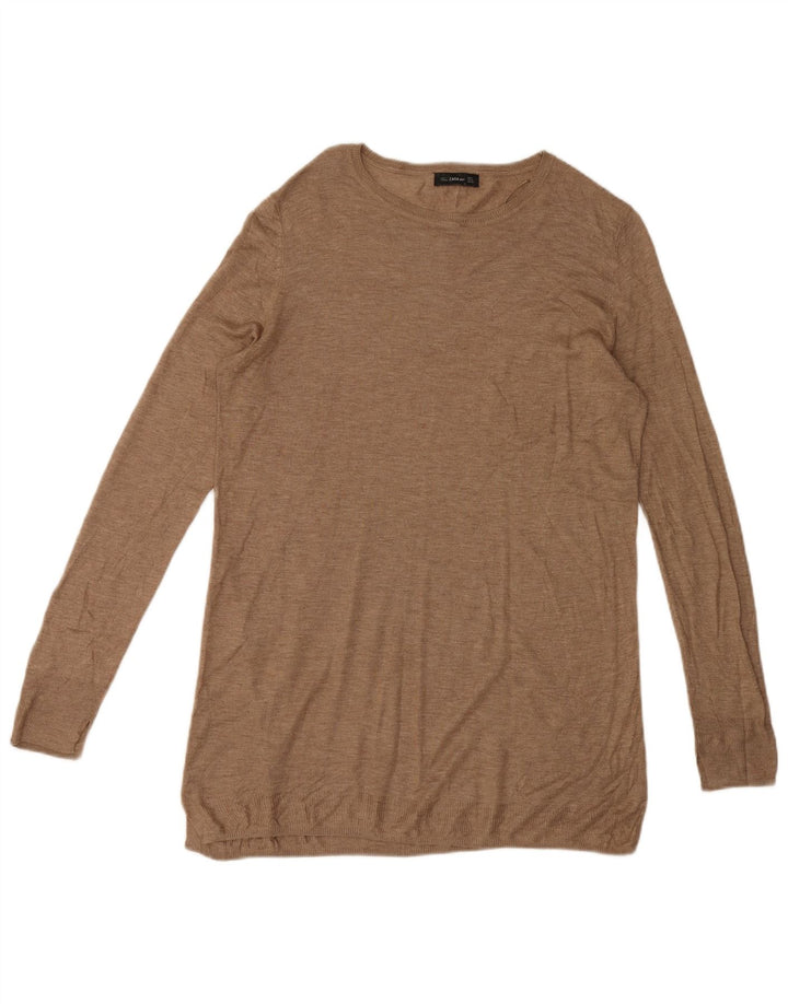 Zara Womens Longline Top Long Sleeve UK 14 Medium Brown Viscose