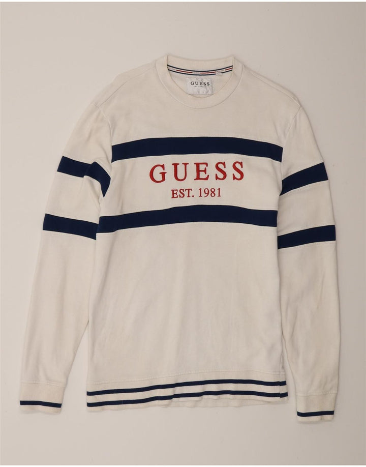 Guess Top grafico da uomo a maniche lunghe in cotone color block bianco medio