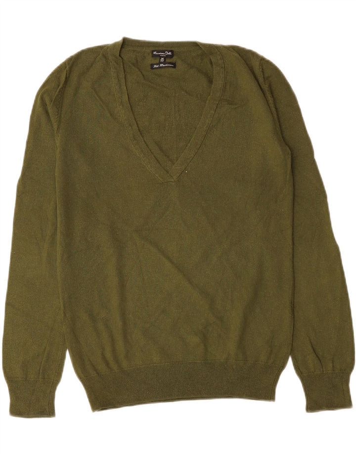 Massimo Dutti Womens V-Neck Jumper Sweater UK 12 Medium Green Silk