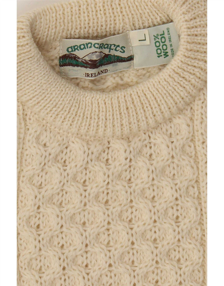 Aran Crafts Mens Crew Neck Jumper Sweater Large Beige Wool