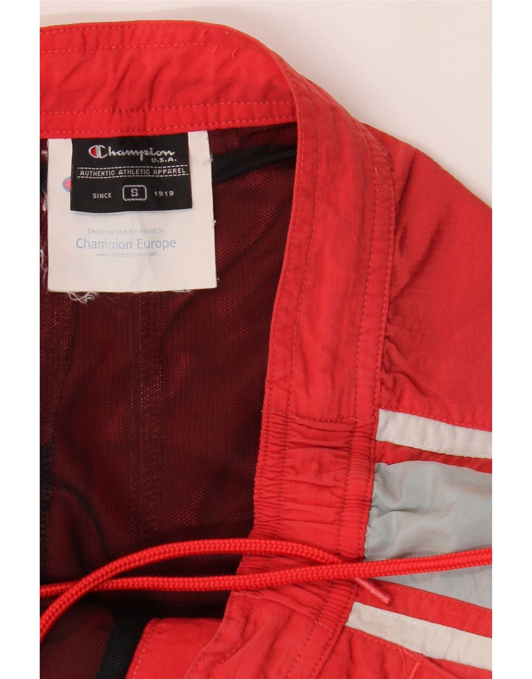CHAMPION Mens Graphic Swimming Shorts Small Red Colourblock Polyester Vintage Champion and Second-Hand Champion from Messina Hembry 