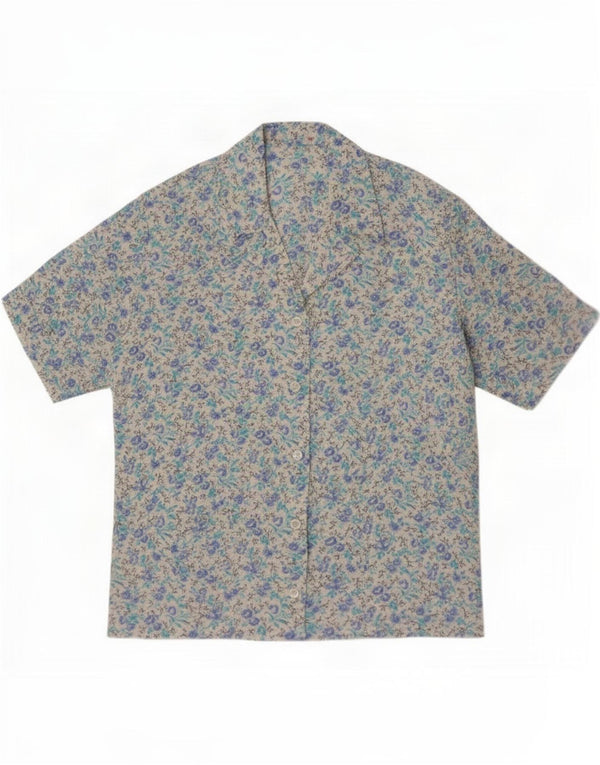 Vintage Womens Short Sleeve Shirt Blouse UK 12 Medium Blue Floral