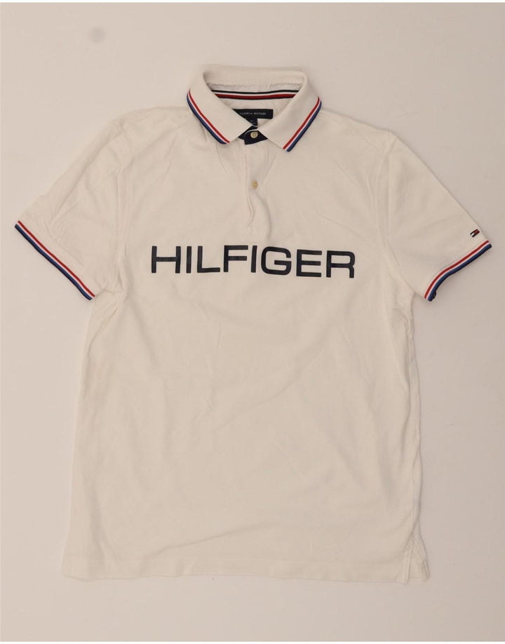 TOMMY HILFIGER Mens Graphic Polo Shirt Small White Vintage Tommy Hilfiger and Second-Hand Tommy Hilfiger from Messina Hembry 