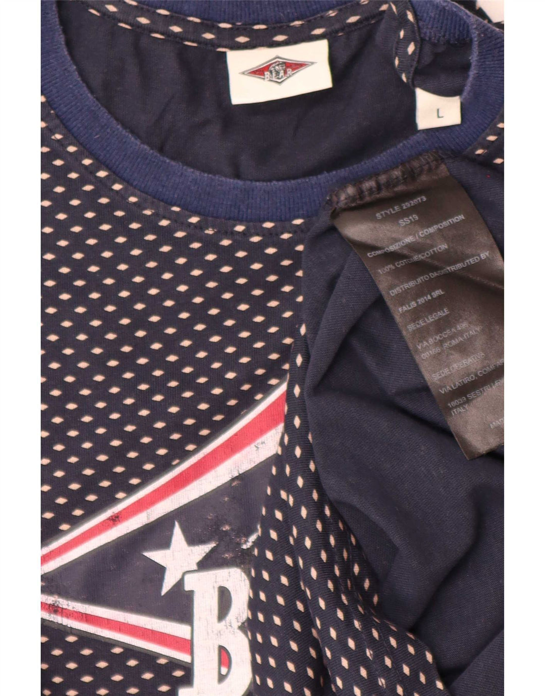 Bear Mens Graphic T-Shirt Top Large Navy Blue Spotted Cotton