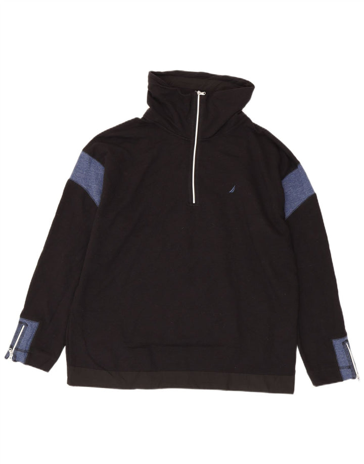 Nautica Mens Zip Neck Sweatshirt Jumper Medium Black Colourblock Cotton