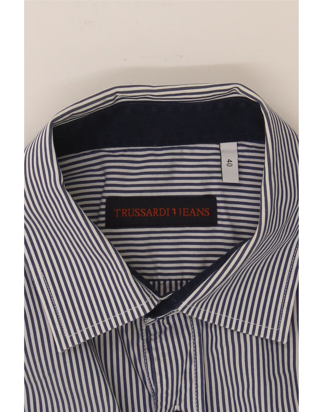TRUSSARDI JEANS Mens Shirt Size 40 Medium Navy Blue Pinstripe Vintage Trussardi Jeans and Second-Hand Trussardi Jeans from Messina Hembry 