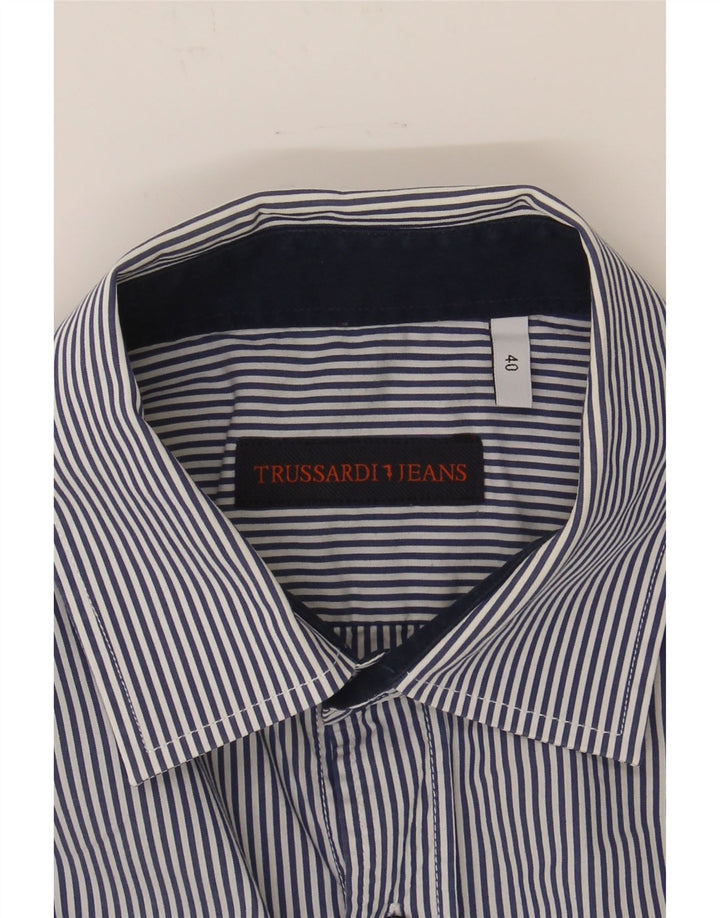 TRUSSARDI JEANS Mens Shirt Size 40 Medium Navy Blue Pinstripe Vintage Trussardi Jeans and Second-Hand Trussardi Jeans from Messina Hembry 