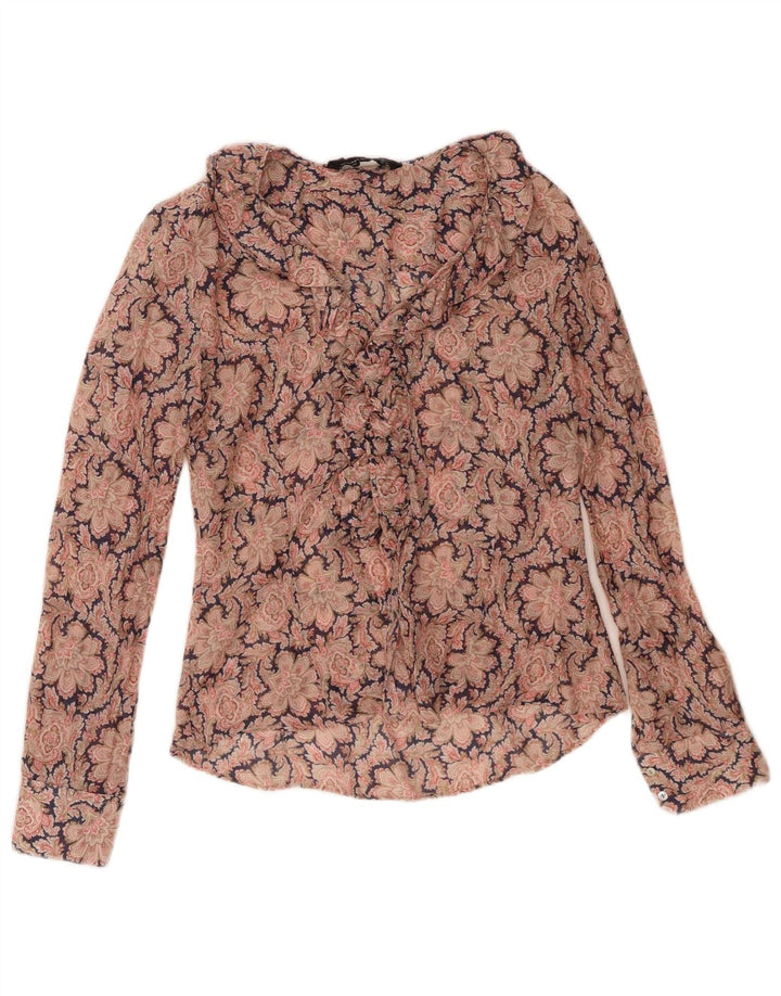 ZARA Womens Ruffle Front Long Sleeve Blouse Top UK 12 Medium Brown Floral