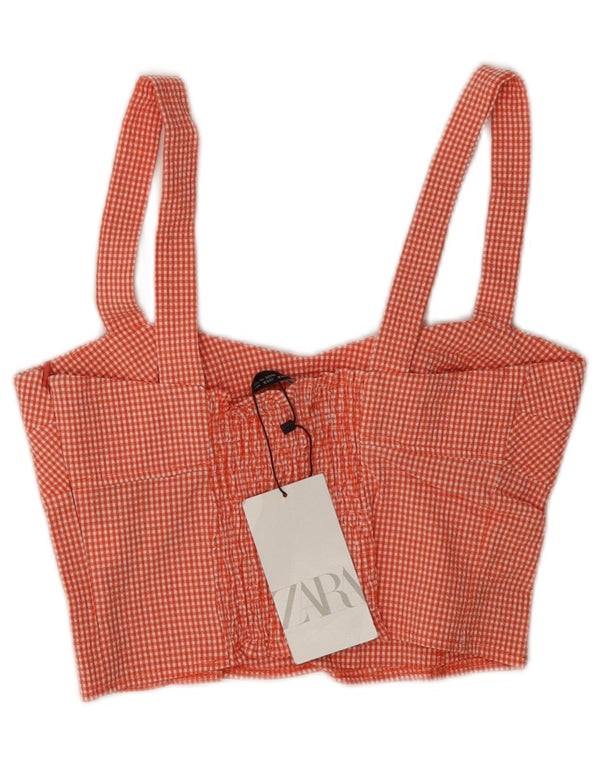 Zara Womens Sleeveless Crop Top UK 8 Small Red Gingham Cotton