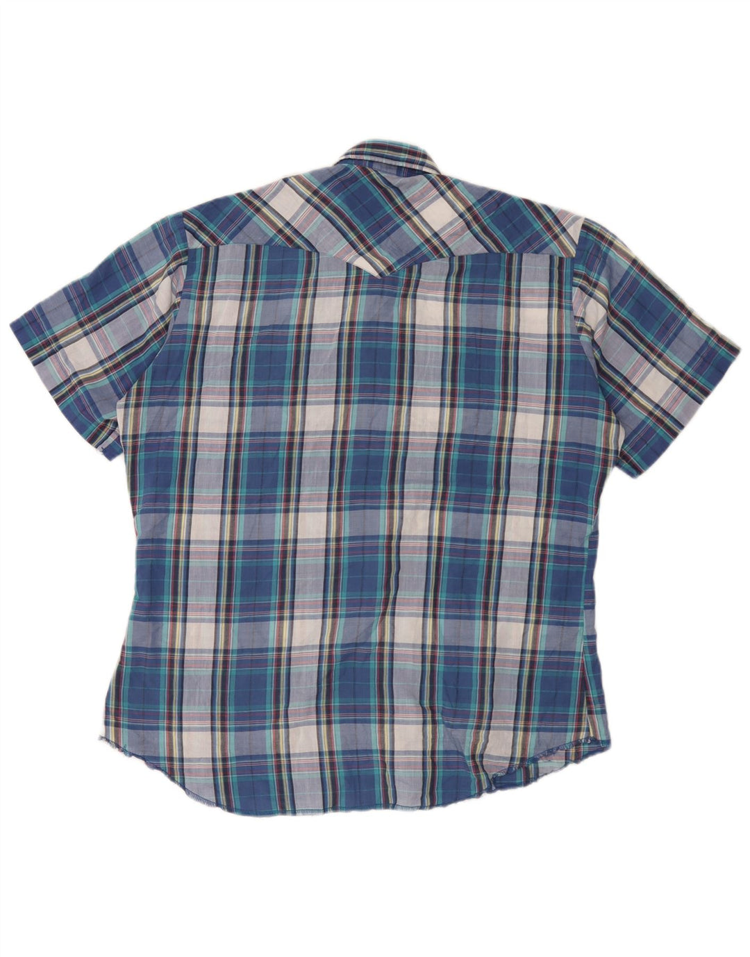 Wrangler Mens Short Sleeve Ruffle Front Shirt Large Blue Plaid