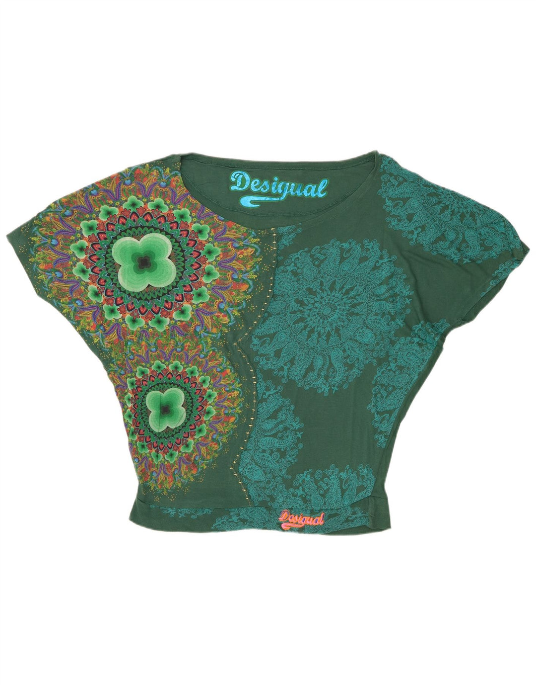 Desigual Donna Camicetta a Pipistrello con Grafica Oversize Top UK 14 Verde Medio