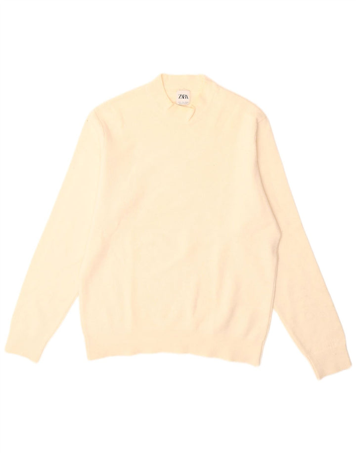 Zara Mens Crew Neck Jumper Sweater Large Beige Acrylic
