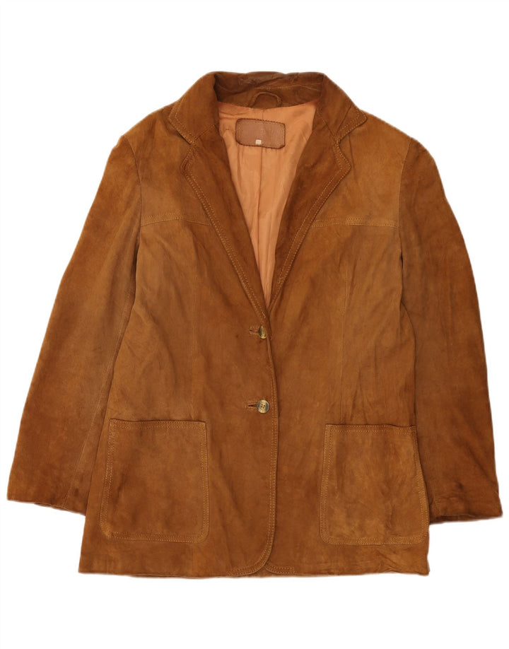 Giacca blazer vintage da donna in pelle scamosciata a 2 bottoni UK 12 in pelle beige media