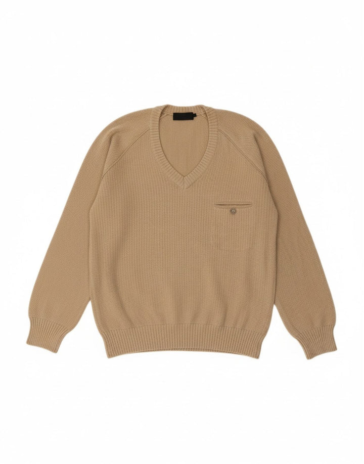 BENELLI Mens V-Neck Jumper Sweater Medium Beige Wool
