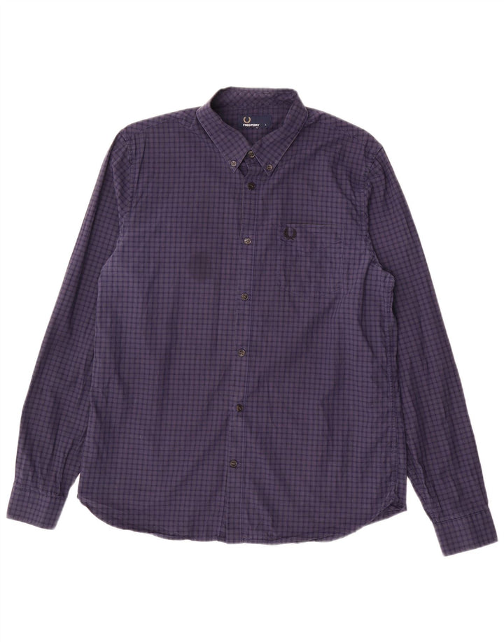 FRED PERRY Mens Shirt Large Navy Blue Gingham Cotton