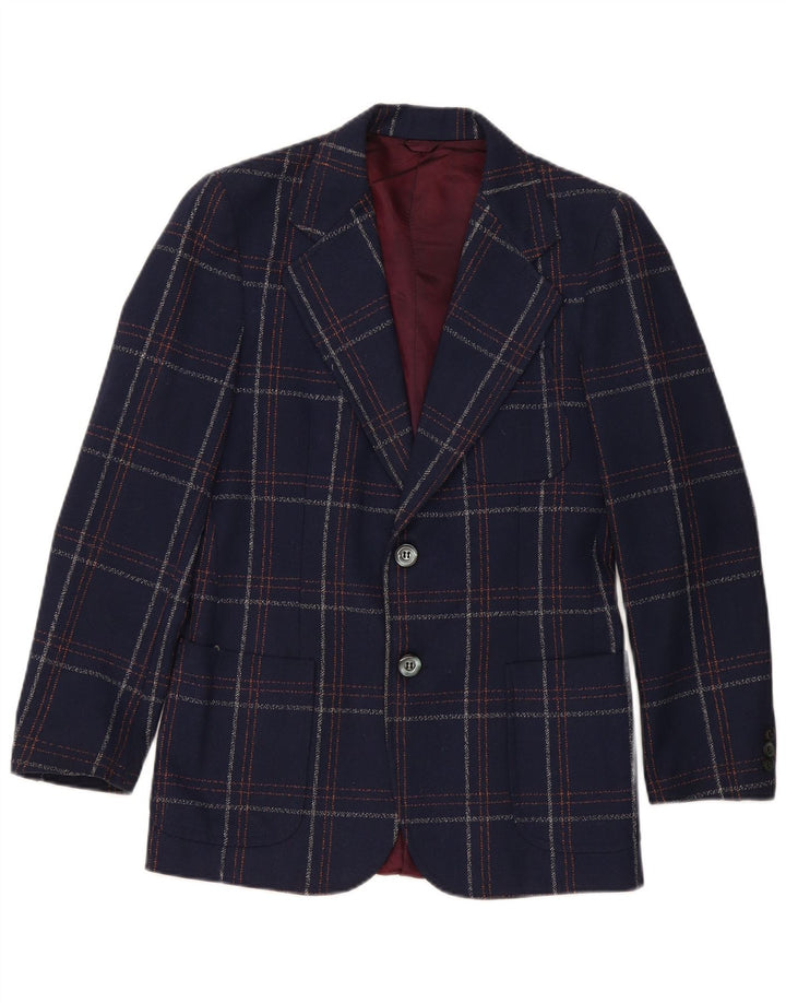 Vintage Mens 2 Button Blazer Jacket UK 36 Small Navy Blue Plaid Classic