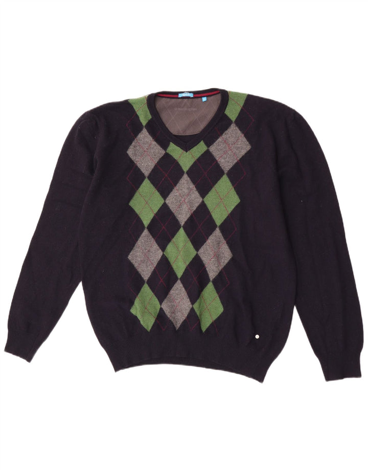 Burlington Mens V-Neck Jumper Sweater XL Navy Blue Argyle/Diamond