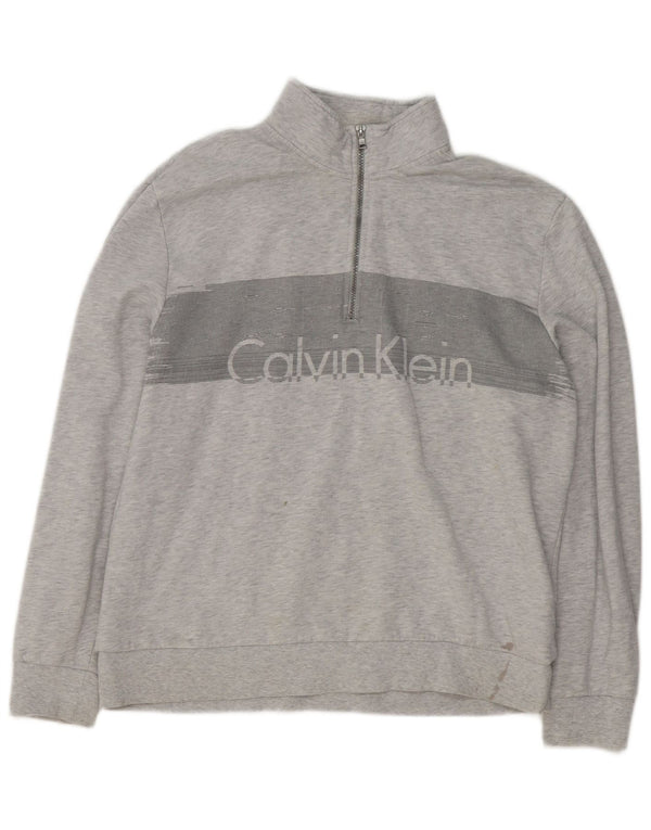 Calvin Klein Herre Grafisk Zip Neck Sweatshirt Jumper XL Grå Flecked Bomuld