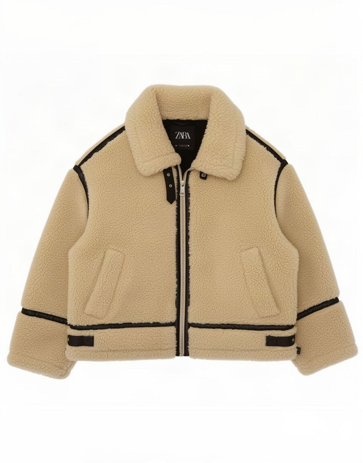 Zara Womens Oversized Sherpa Jacket UK 14 Large Beige Colourblock