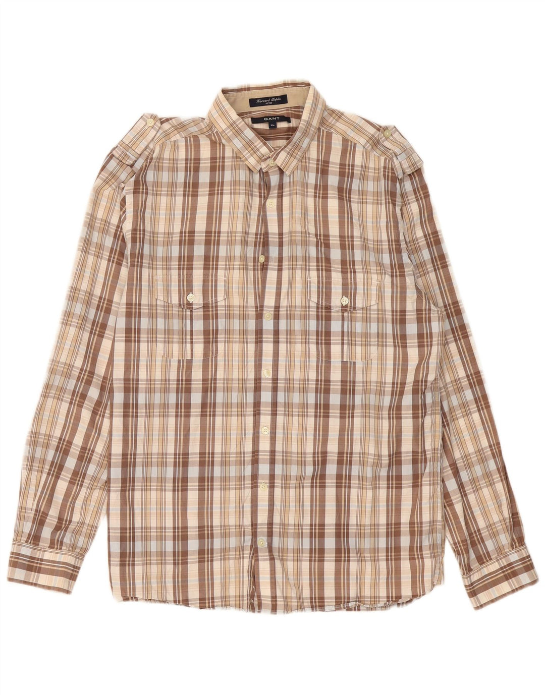 GANT Mens Fitted Military Shirt XL Beige Check Cotton