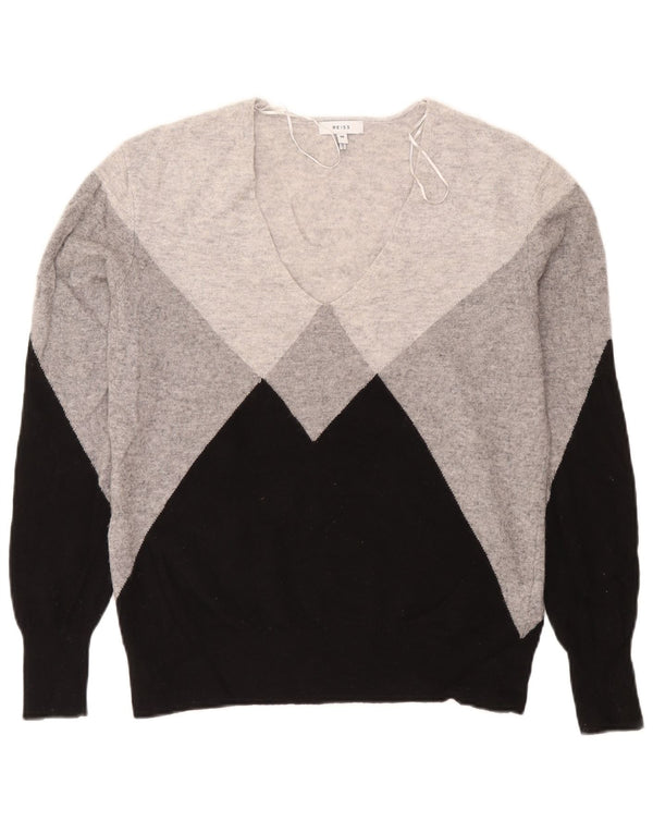 Reiss Dame V-hals sweater UK 14 Medium Grey Colourblock Uld