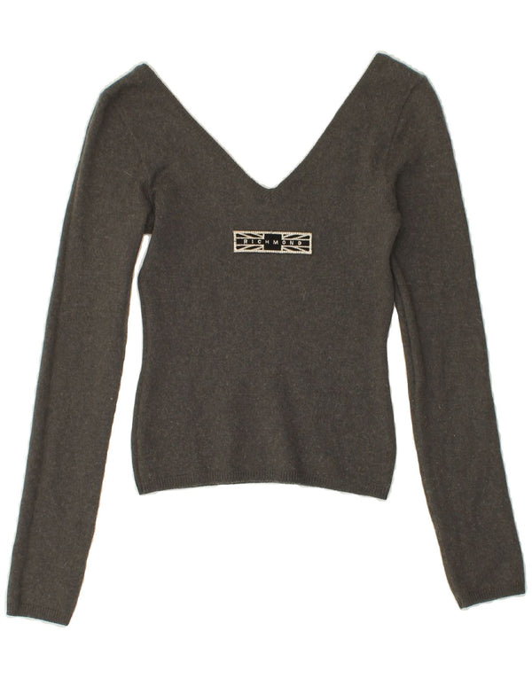 RICHMOND Womens Crop Graphic V-Neck Jumper Sweater IT 42 Medium Grey