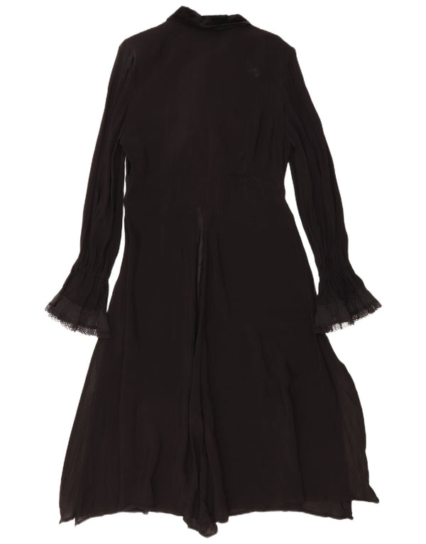 Vintage Dame Langærmet Flæse Front Maxi Kjole IT 44 Medium Sort