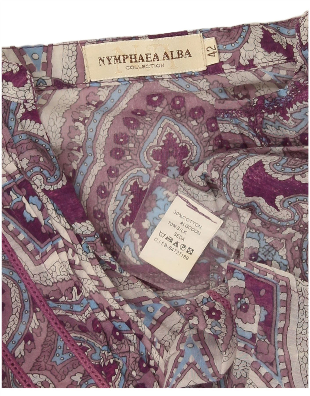 Nymphaea Alba Womens Long Sleeve Tunic Top IT 42 Medium Purple Paisley Silk