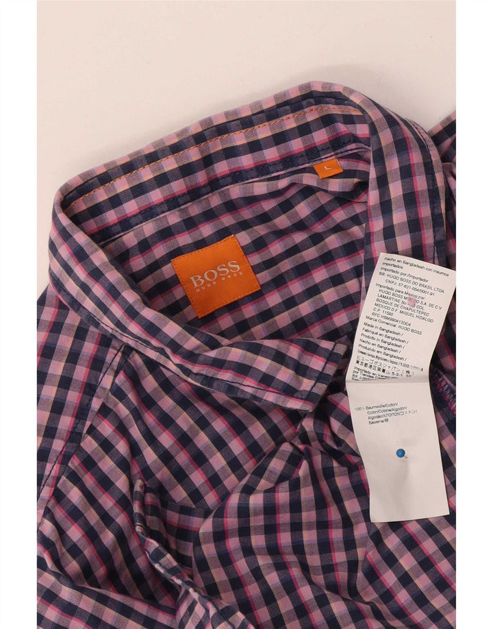 Hugo Boss Mens Short Sleeve Shirt Large Navy Blue Gingham Cotton